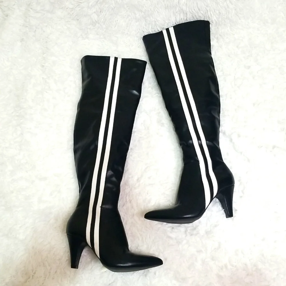 Wild Diva Black Over-the-Knee Boots with White Stripes